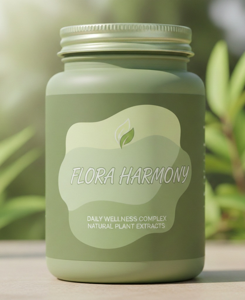 Flora Harmony supplement bottle with natural leaf elements
